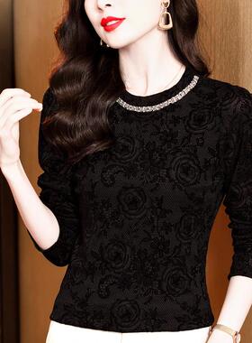 MONLOUVE蕾丝打底衫女内搭秋季2025新款黑色植绒网纱长袖T恤洋气