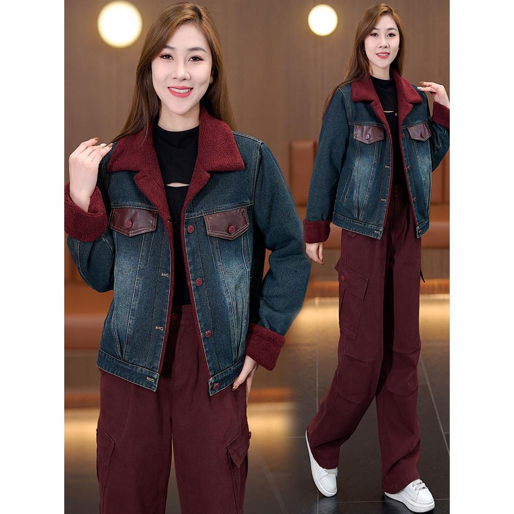 MONLOUVE时尚覆古牛仔外套女2025秋季新款加绒加厚拼接领宽松显瘦