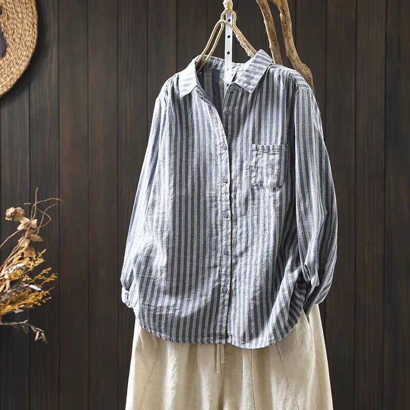 MONLOUVE双层纱竖条纹长袖衬衫女宽松显瘦春秋新款文艺休闲百搭翻