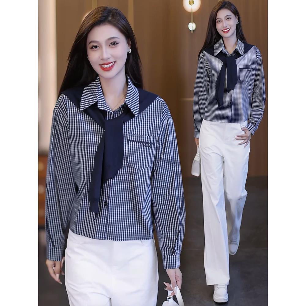 MONLOUVE时尚休闲格纹衬衫女2025秋季新款设计感洋气披肩拼接长袖