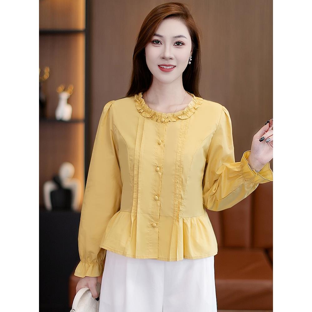 MONLOUVE时尚圆领衬衫女2025秋季新款洋气设计感修身休闲百搭长袖