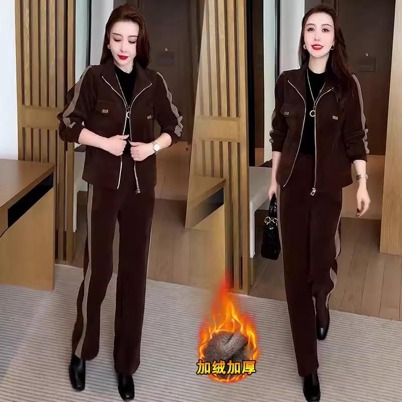 MONLOUVE加绒加厚休闲运动套装女冬季新款洋气拼色立领外套阔腿裤