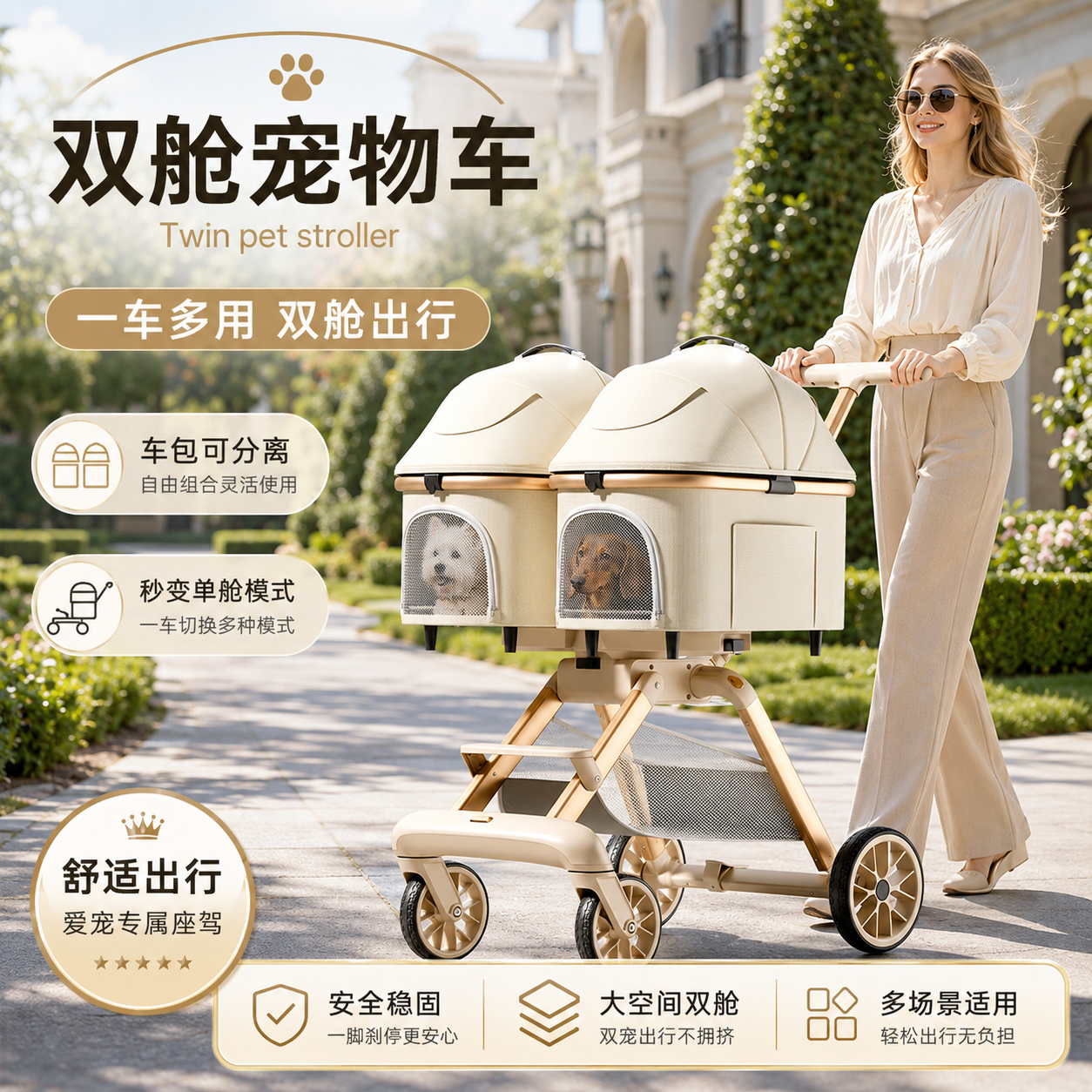 双舱可拆卸宠物推车一键折叠狗猫咪外出轻便可分离铝合金小狗推车
