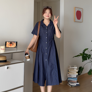 喵喵大码 2025新款 微胖 女装 连衣裙3265 胖mm夏季 收腰显瘦牛仔衬衫