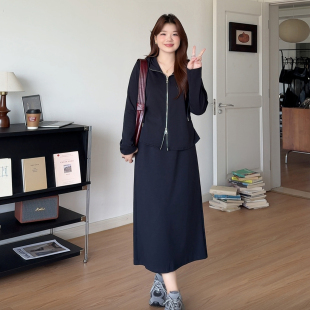 新款 微胖 胖mm秋季 女装 双拉链显瘦上衣半身裙两件套6016 喵喵大码