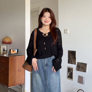 女装 大码 适合胖mm秋季 穿搭镂空针织衫 3041 微胖 巨显瘦上衣 喵喵