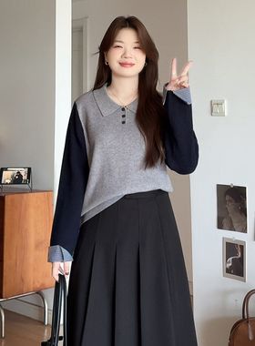 微胖的喵喵大码女装胖mm秋冬季撞色POLO领毛衣长袖针织上衣女3391