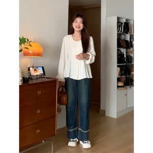 子5470 微胖 喵喵大码 女装 梨型mm春夏显瘦宽松休闲遮胯直筒牛仔裤