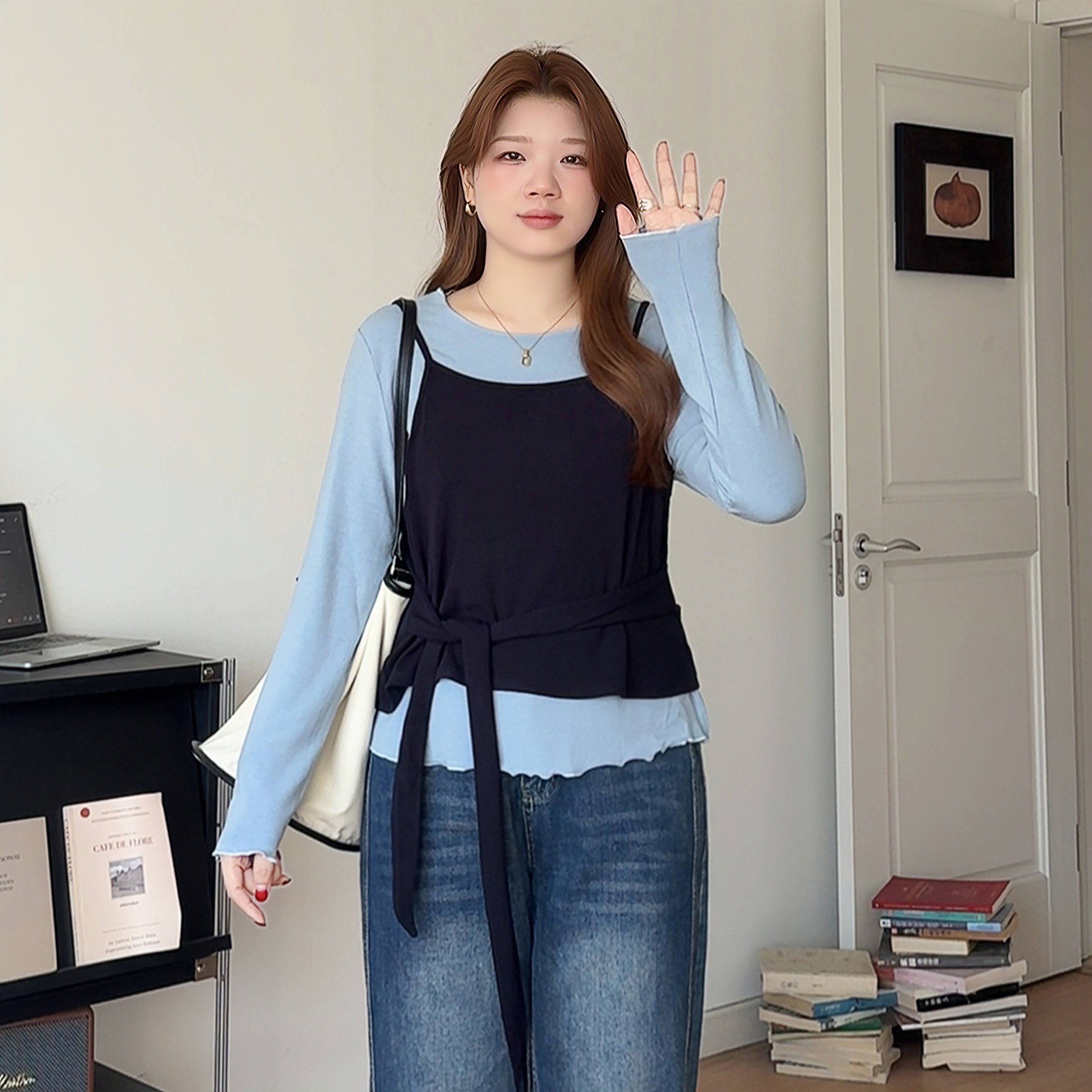 微胖的喵喵大码女装胖mm早春新款巨显瘦木耳边上衣吊带两件套6205,女装/女士精品,大码内搭,淘宝优惠券,粉丝福利购,淘宝优惠卷