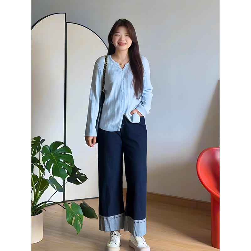 早秋大码休闲长袖针织衫上衣女