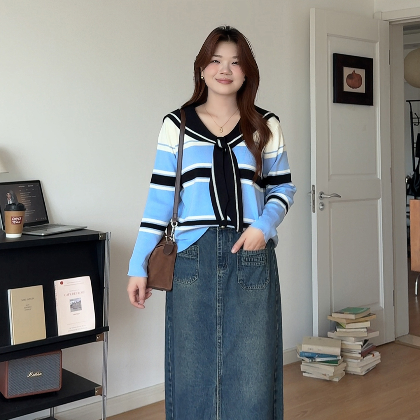 春季大码海军领条纹针织衫上衣女