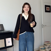 微胖 坑条纹显瘦气质POLO领针织上衣3351 胖mm秋冬季 喵喵大码 女装