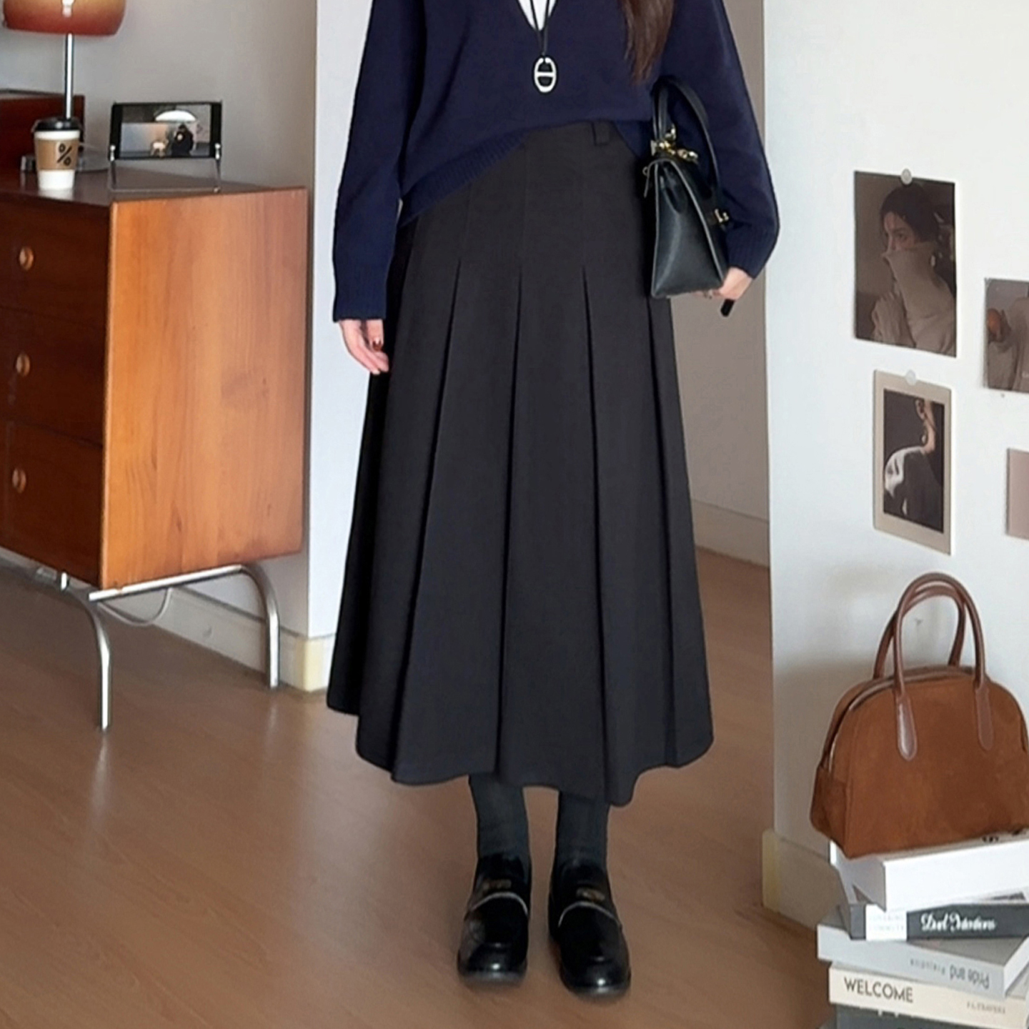 大码梨形早秋高腰压褶半身裙子女