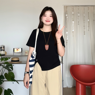 大码女装显瘦圆领短袖T恤上衣