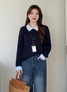 微胖的喵喵大码女装胖mm秋冬撞色洋气拼接毛衣翻领针织衫上衣3825