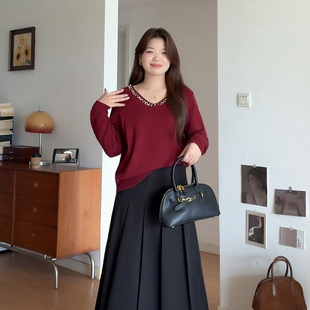 喵喵大码 针织衫 女装 V领气质超好看珍珠长袖 8687 胖mm秋冬季 微胖