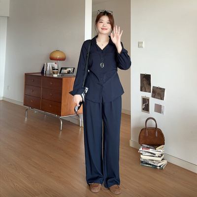 大码女装秋季休闲衬衣裤子两件套
