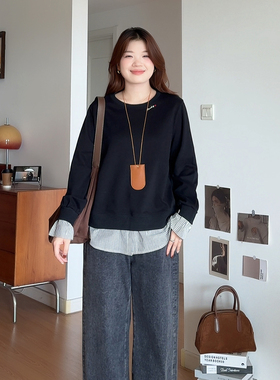 微胖的喵喵大码女装胖mm秋季2025显瘦假两件上衣字母刺绣卫衣3094