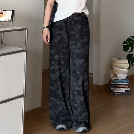 微胖的喵喵 大码女装梨型mm夏季高腰显瘦迷彩阔腿工装牛仔裤 8805
