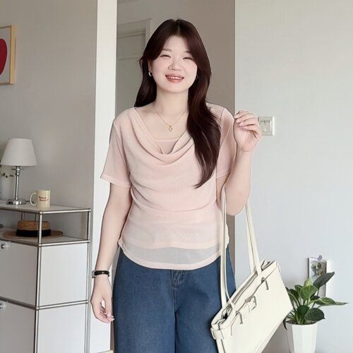 大码胖mm荡领修身显瘦短袖T恤女