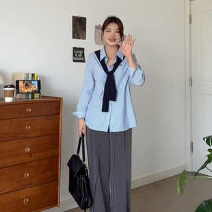 时尚 胖mm秋季 新款 3009 披肩条纹衬衣巨好看衬衫 喵喵大码 微胖 女装