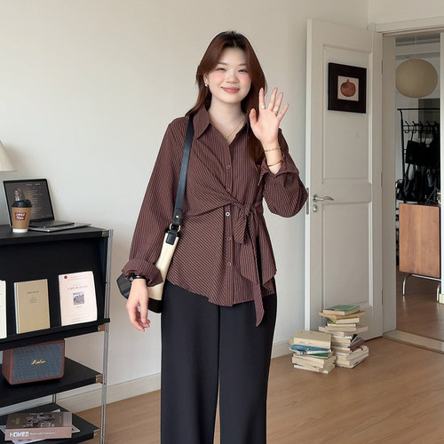 大码女装胖mm条纹绑带收腰衬衫