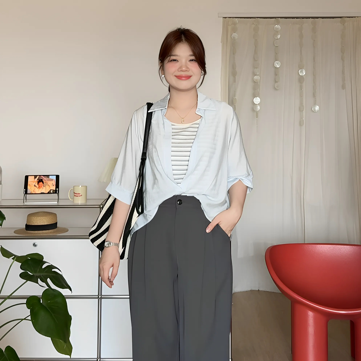 大码女装夏季设计感假两件衬衫