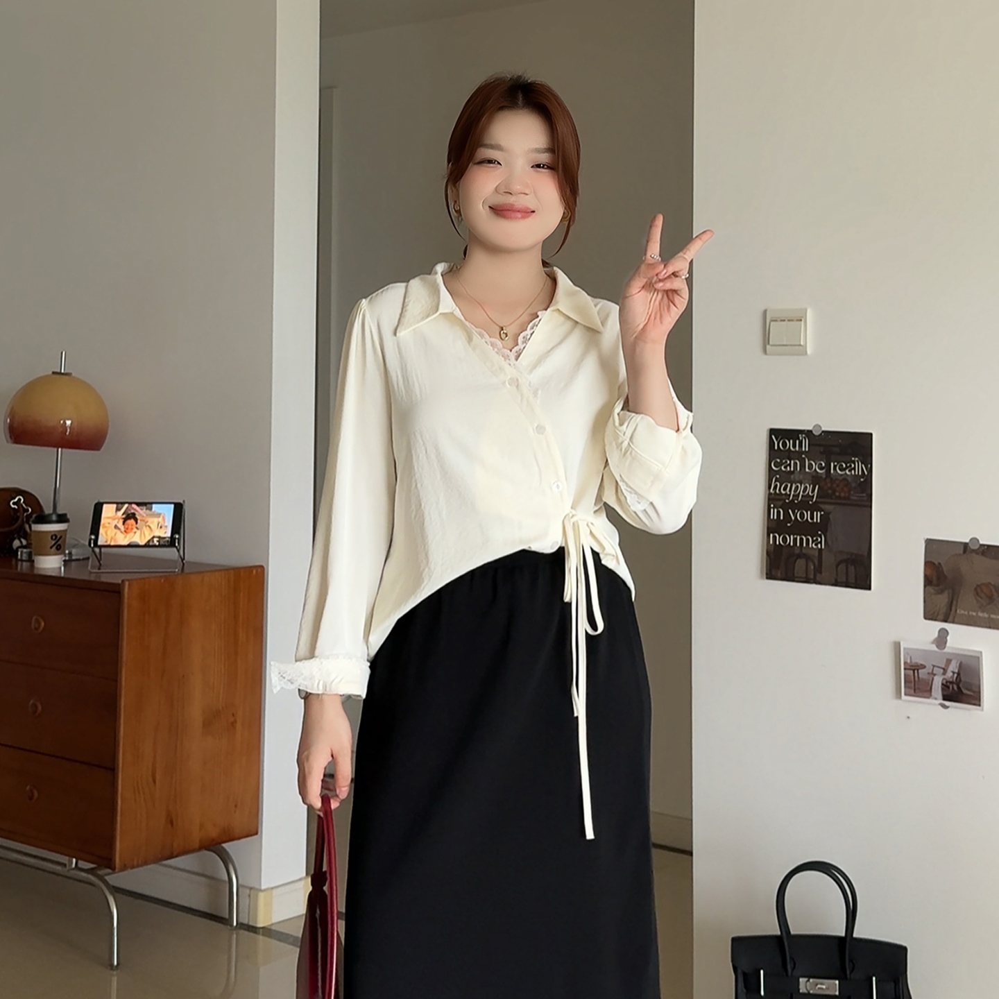 大码女装系带蕾丝收腰巨显瘦衬衫