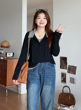 微胖的喵喵大码女装胖mm秋装新款巨显瘦polo领撞色假两件上衣2111