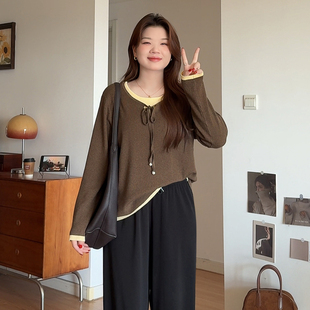 微胖 秋冬撞色休闲假两件毛衣胖mm洋气百搭针织上衣2166 喵喵大码