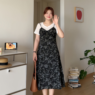 喵喵大码 胖mm夏季 微胖 女装 3333 新款 漂亮别致假两件碎花连衣裙