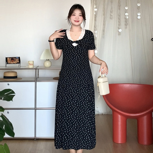 喵喵 女装 微胖 大码 3200 mm夏季 独特显瘦遮肚碎花漂亮掐腰连衣裙