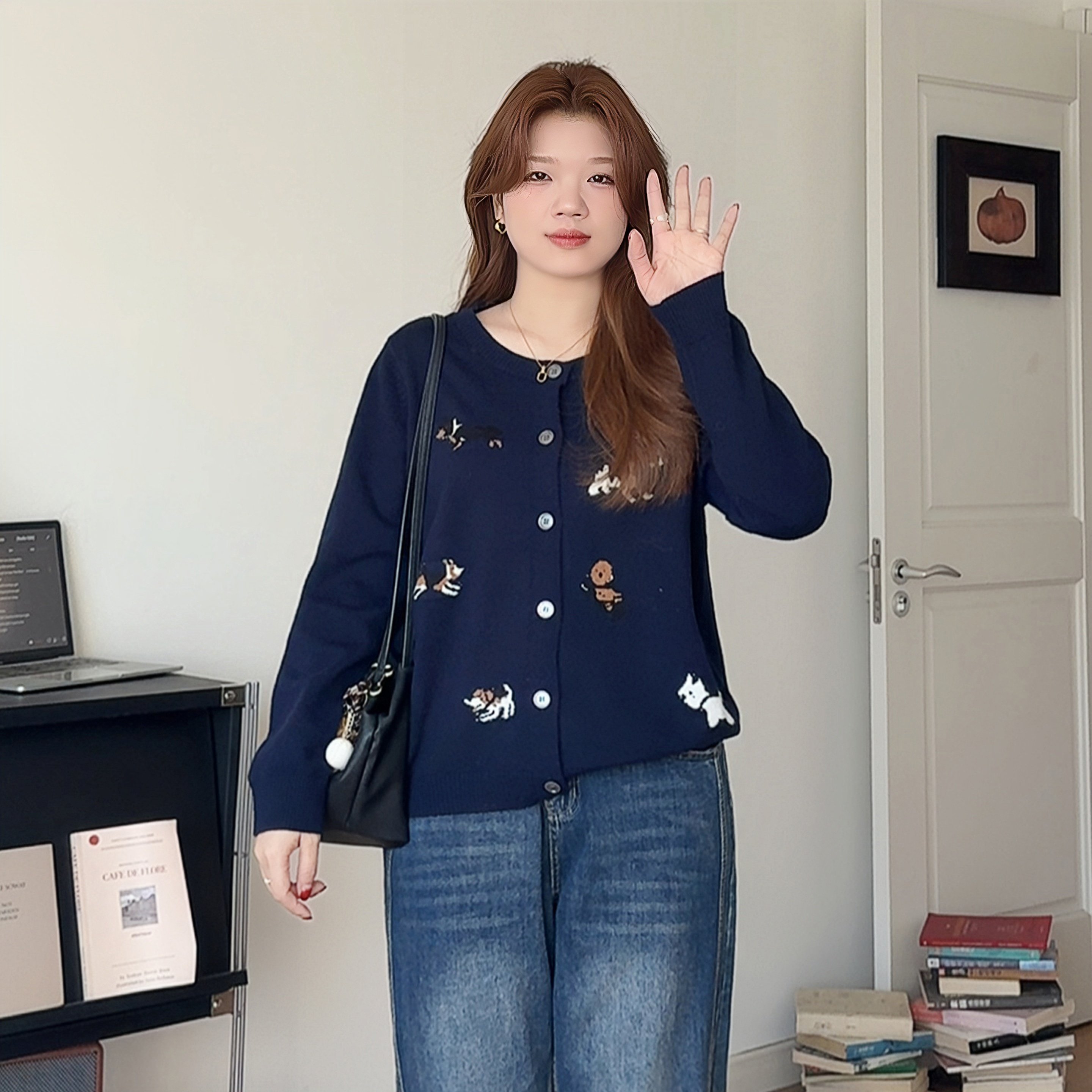 微胖的喵喵大码女装胖mm秋冬季卡通小狗毛衣气质减龄针织开衫8730,女装/女士精品,大码内搭,淘宝优惠券,粉丝福利购,淘宝优惠卷