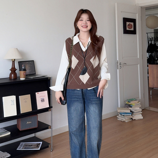 喵喵大码 叠穿针织马甲背心衬衫 女装 新款 两件套6T21 胖mm秋季 微胖