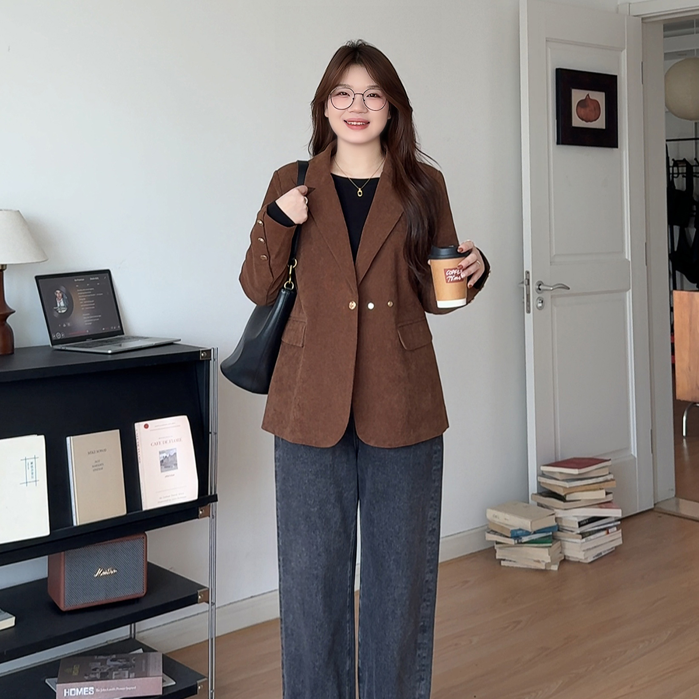 大码女装气质显瘦百搭灯芯绒西装