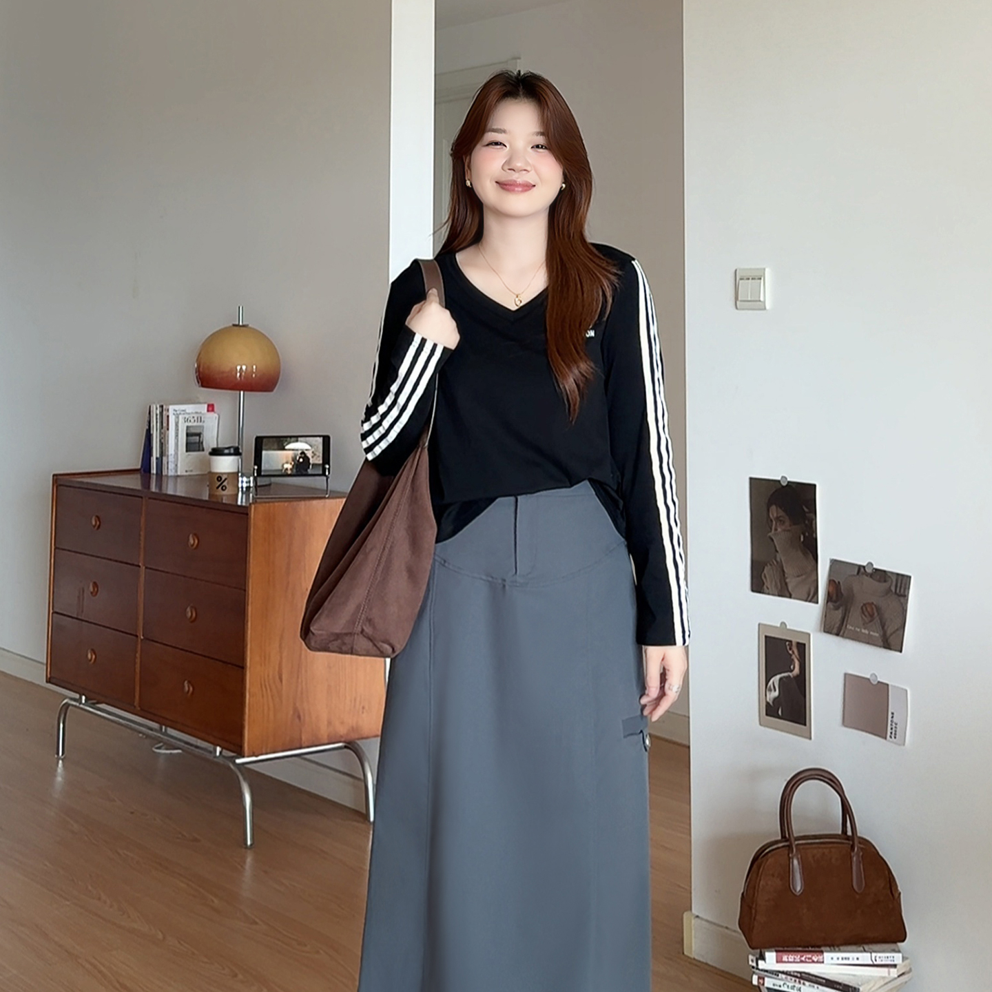 大码女装秋季设计感撞色T恤上衣