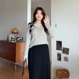 新款 微胖 胖mm秋季 女装 露肩系带蝴蝶结显瘦针织上衣0262 喵喵大码