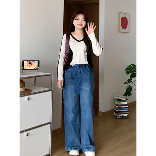 0199 微胖 喵喵大码 女装 梨形胖mm初秋显瘦休闲百搭高腰阔腿牛仔裤