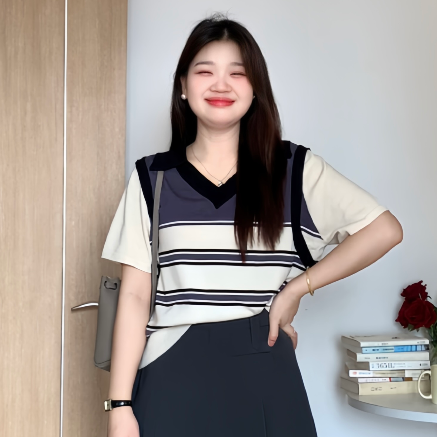 微胖的喵喵大码女装胖mm夏季休闲通勤巨显瘦针织拼接短袖上衣1447