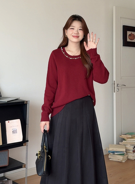 微胖的喵喵大码女装适合胖mm秋季穿搭2025显瘦钉珠开叉针织衫8715