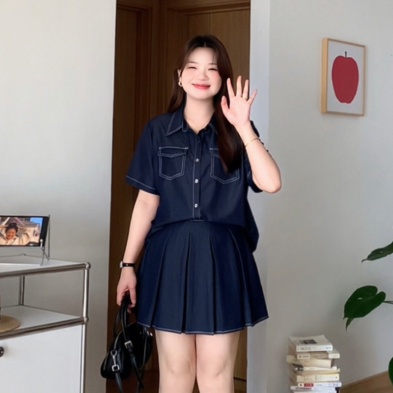大码显瘦牛仔衬衫百褶半裙两件套