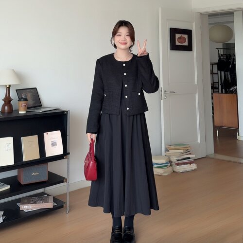 大码女装小香风外套连衣裙套装