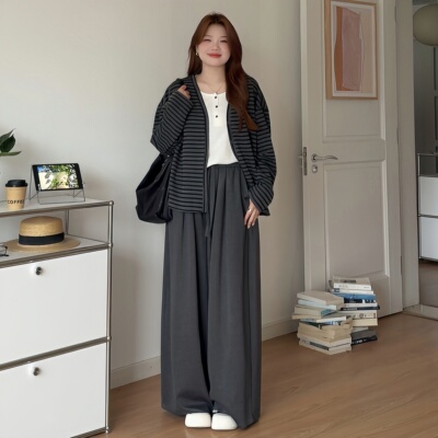 微胖mm条纹外套背心休闲裤三件套