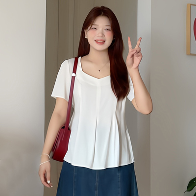 大码女装显瘦方领短袖雪纺衫上衣