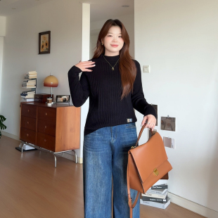 适合胖mm冬季 女装 穿搭宽松半高领打底针织上衣4379 喵喵大码 微胖