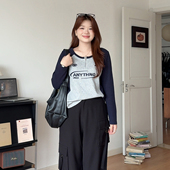 微胖 2907 穿搭撞色正肩T恤刺绣拼接巨显瘦上衣 喵喵大码 胖mm秋季