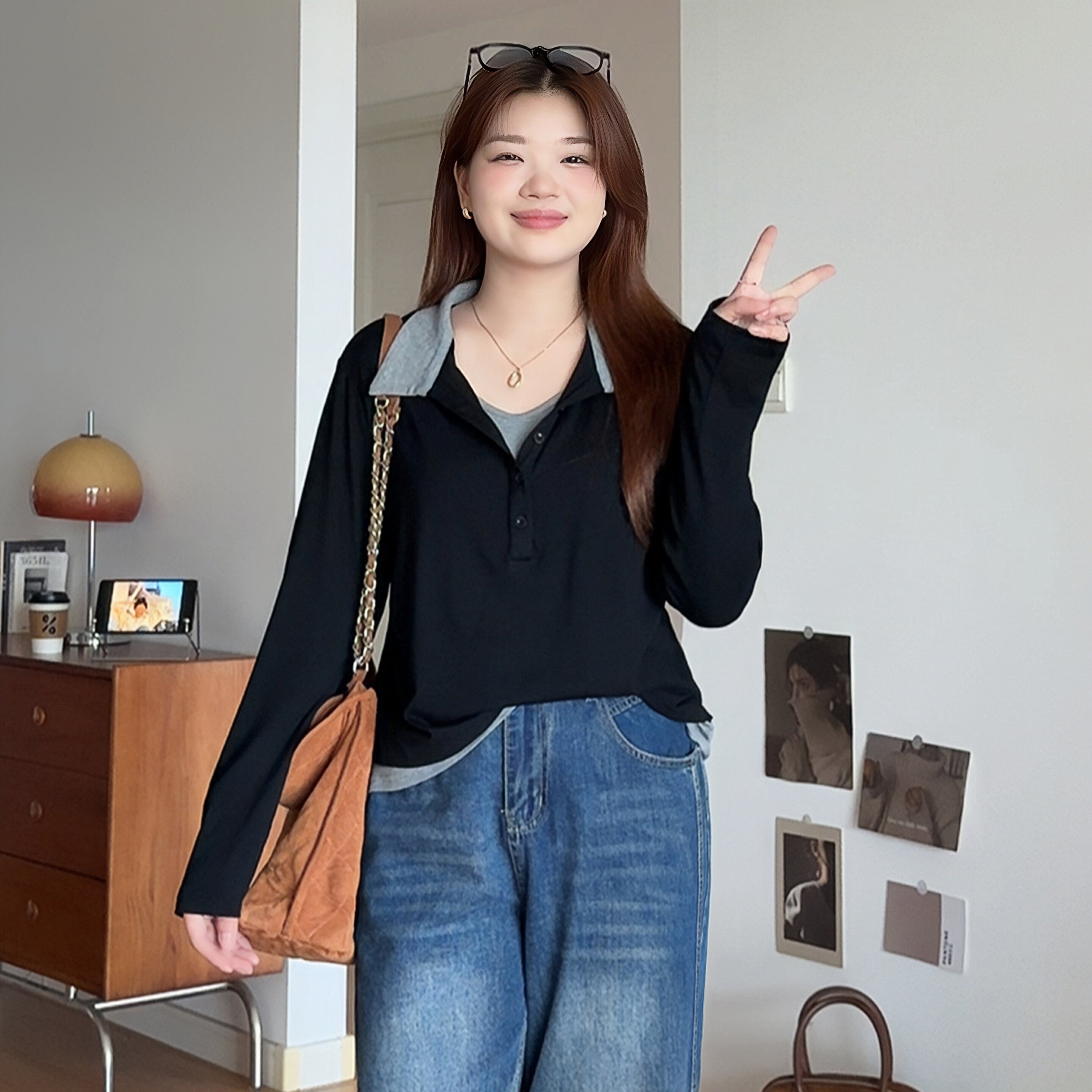 微胖的喵喵大码女装胖mm秋装2026巨显瘦polo领撞色假两件上衣2111