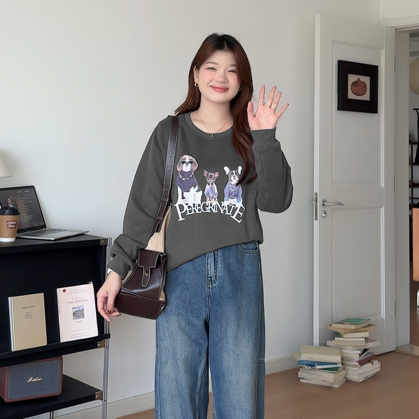 大码女装休闲显瘦套头印花卫衣