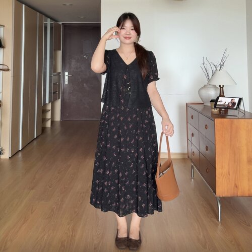 大码胖mm假两件碎花遮肚连衣裙子
