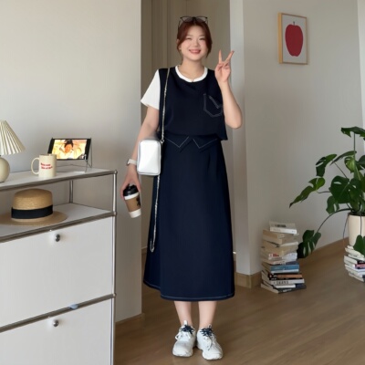 大码胖mm假两件上衣半身裙两件套